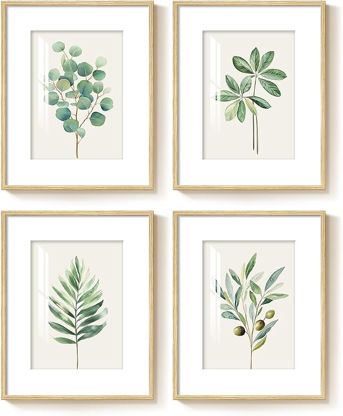 Framed Minimalist Sage Green Botanical Kitchen Wall art, 4 Piece 8x10 In | Green leaf plant pictures, Boho modern farmhouse wall decor, Plexiglass with mat prints, Bedroom bathroom hallway decor