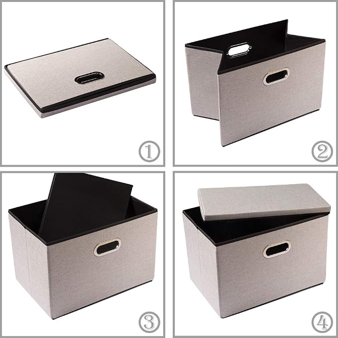 Foldable Storage Bin with Lid [5-Pack] Linen Fabric Decorative Storage Box Organizer Container Basket Cube with Handles Divider for Closet Office Living Room Light Grey(14.9x9.8x9.8)