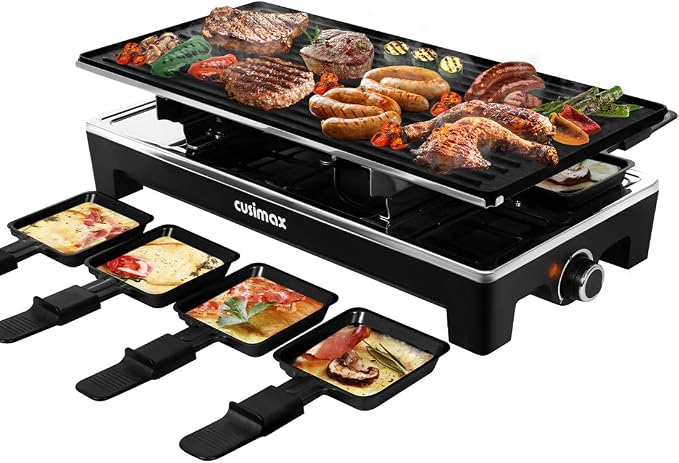 CUSIMAX Raclette Grill Electric Grill Table Portable 2in1 Korean BBQ Grill | Reversible Non-stick Plate, Crepe Maker with Adjustable Temperature Control, 8 Paddles & Shovels/Adjustable Temperature