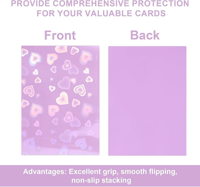 100pcs Holographic Colors Card Sleeves, 3.58x2.6in/91x66mm Colored Heart-Shaped Flashing Card Sleeves for Mini Polaroid Photocard Collectible Protection(Purple)