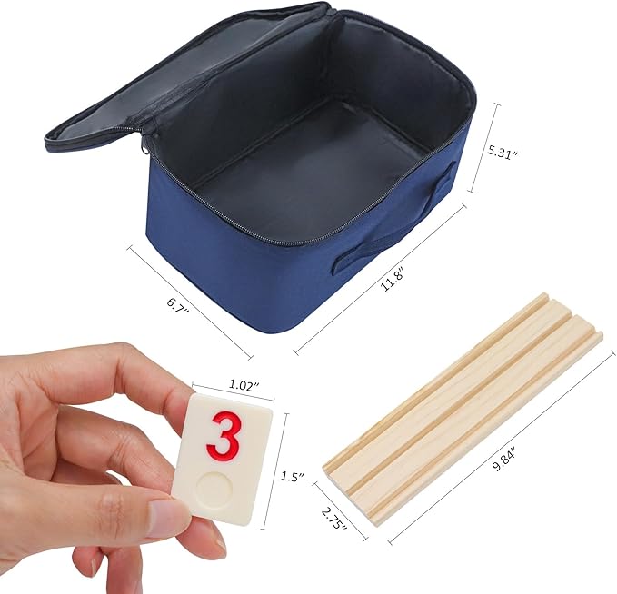 Rummy Cube 6-8 Player Edition with 8 Wooden Holders, 214 Large Numbers Rummy Tiles Set with Carrying Bag, Rummy Travel Game Set with 8 Tiles Racks