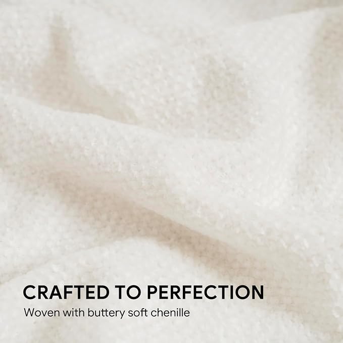 RECYCO Chenille Throw Blanket for Couch, 60"x80", Ivory White | Super Soft Knit Throw Blanket with Fringe Tassels, Lightweight Knitted Throw, Cozy, Ideal for Sofa Chair Bed Living Room Gift