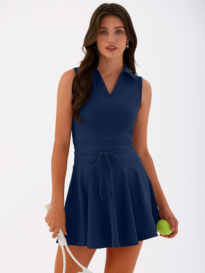 Caracilia Women's 2 Piece Tennis Dress Set-Polo Neck Sleeveless Mini Dresses with Shorts,Golf Casual Workout Athletic Sports
