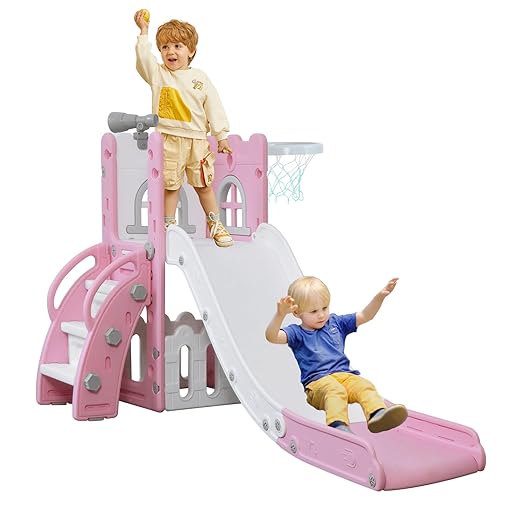 6 in 1 Toddler Slide,Kids Climber Slider for Indoor Outdoor Playground with Basketball Hoop,Storage and Telescope,L Shaped Slide for Toddler Climber Playset