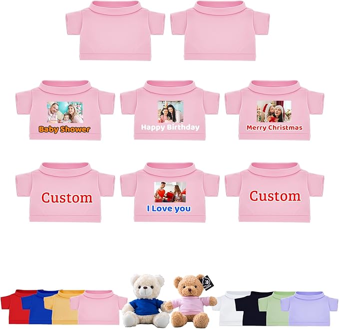 8 Pcs Custom Teddy Bear Clothes with Name Photo, Personalized Stuffed Animal Clothing Fit 8-16inch Stuffed Bear Clothing, Personalized Clothes for Teddy Bears Make Your Own Plush Doll Shirt