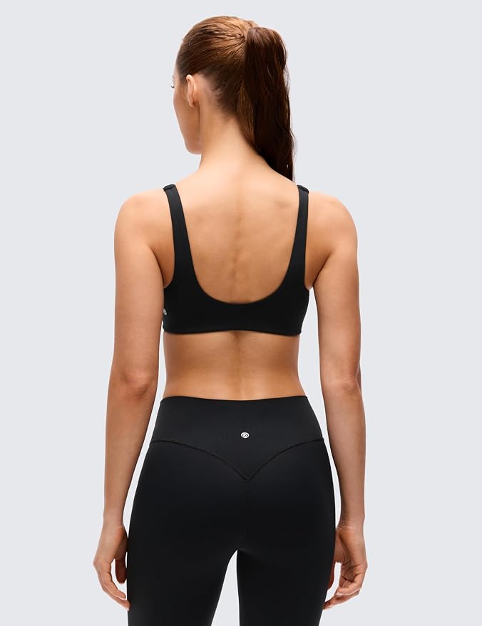 CRZ YOGA Butterluxe Front Twist Deep V Neck Sports Bras for Women - Wide Straps Padded U Back Yoga Crop Top