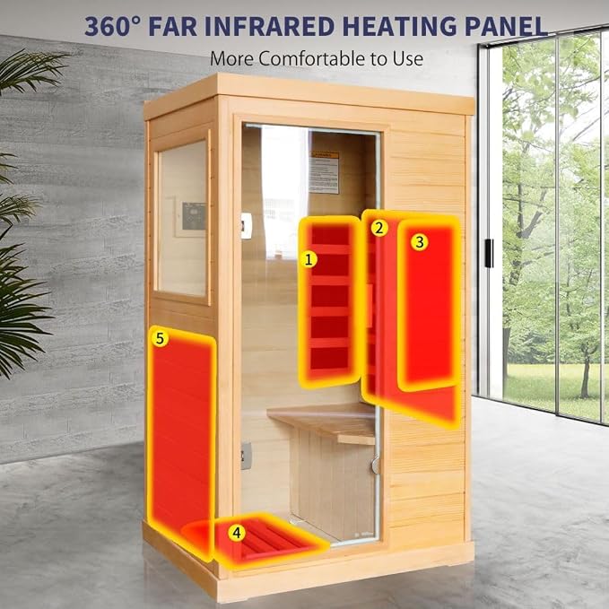 Far Infrared Sauna 1 Person Saunas for Home Spa Low EMF Dry Sauna | Canadian Hemlock Wood Indoor Sauna with Tempered Glass Door, Speaker, Reading Light, Easy Assembly, 1200W, 61.61*35.24*27.56"