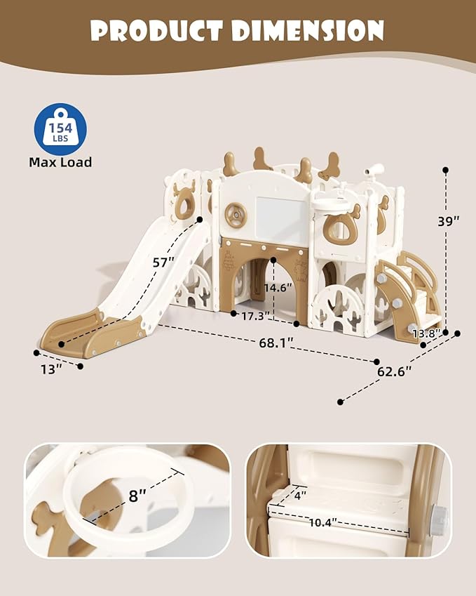 XJD 13 in 1 Toddler Slide Set, Kids Slide for Toddlers Age 1+, New Upgrade with Golf Set, Basketball Hoop, Drawing Board for Indoor Outdoor Playset,Birthday Gifts for Toddler (Brown)