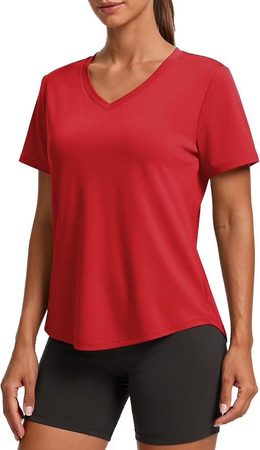 PINSPARK Soft Workout Tops for Women Short Sleeve V Neck Moisture Wicking UPF 50+ Sun Protection Quick Dry Gym Shirts