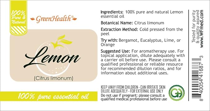 GreenHealth Lemon Essential Oil 8 fl oz (237 ml) – 100% Pure – Aluminum Bottle w/Plug Cap – Fresh Citrus Aroma for Diffusers, Candle & Soap Making, DIY Crafts