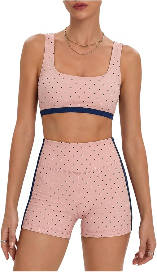 Milumia Women's Polka Dots Workout Set 2 Piece Color Block Bra Tank High Waisted Biker Shorts Layered Matching Yoga Outfit