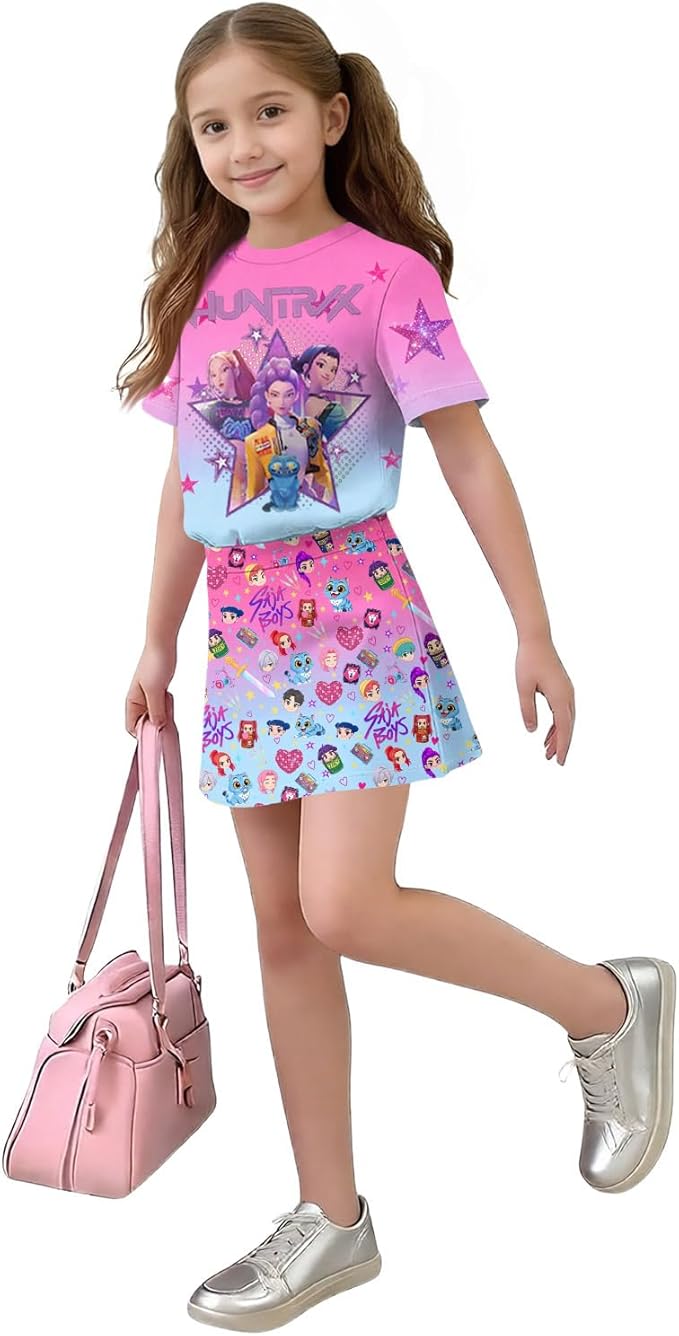 HTHLVMD K Pop Short Sleeve T-Shirt and Skirts Outfits Set for Girls Hunters Rumi Mira Zoey Graphic Tees De-Mon Costume