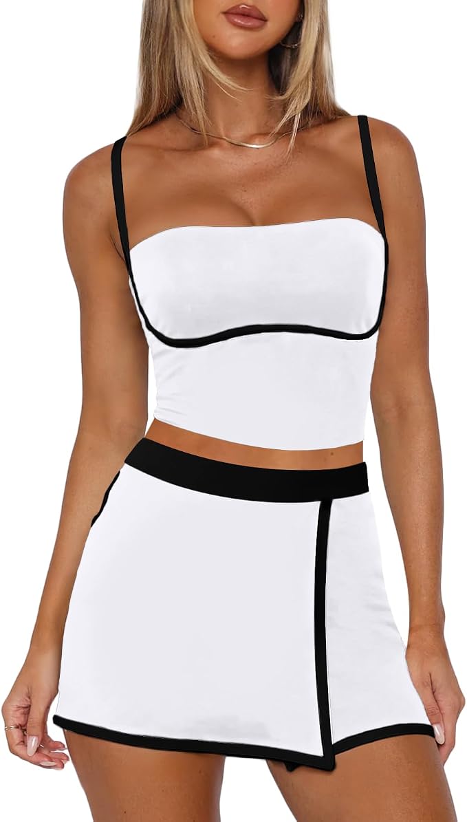Tennis Skirt Sets Women 2 Piece Outfits Workout Sets Spaghetti Strap Tank Top and Skort Set Athletic Gym Yoga Outfits
