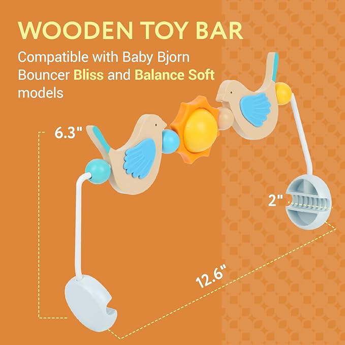 IMPRESA Wooden Toy Bar Compatible with BabyBjorn Bouncer - Medium, Bird Hand-Eye Play & Baby Mobile Attachment - Splinter-Free Wood & Toy Bar Wood