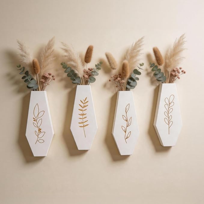 Wood Wall Vase 4 Pack, Modern Farmhouse & Boho Wall Decor Wooden Hanging Planter Set, Minimalist Wall Mounted Vase for Living Room, Entryway, Hallway, Bathroom, Dining Room(White)
