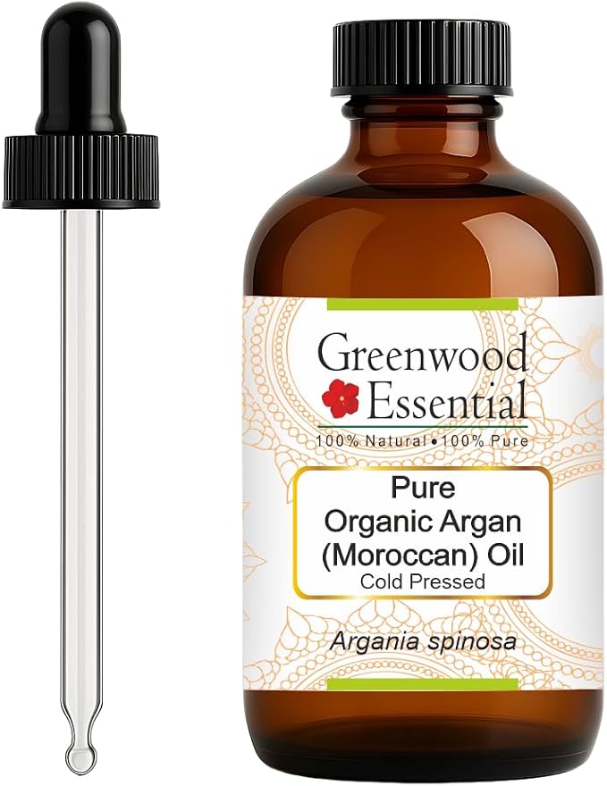 Greenwood Essential Organic Argan (Moroccan) Oil (Argania spinosa) with Glass Dropper | Cold Pressed | Natural | For Diluting Essential Oils | For Hair, Skin & Massage | Unisex | 120ml (4 oz)