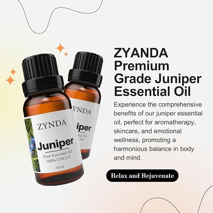 ZYNDA Premium Grade Juniper Essential Oil - Ideal Aroma Massage Oil to Nourish & Rejuvenate Your Skin - 100% Uncut, Natural & Therapeutic Juniper Berry Oil for Skincare & Emotional Balance - 10 ml