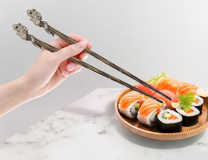 Wooden Chopsticks 9⅞" Long Coconut Palm Wood Chopstick With Metal Dragon Top Eating Utensils Oriental Cutlery Asian Tableware Decorative Dinnerware Serve Chinese Japanese Korean Food