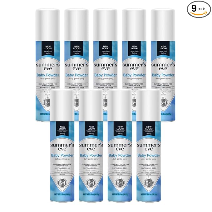 Summer’s Eve Baby Powder Feminine Freshening Spray, Daily Gentle Intimate Deodorant, Neutralizes Odor, pH Balanced, Talc Free, Sensitive Skin, 2 Ounce (Pack of 9)