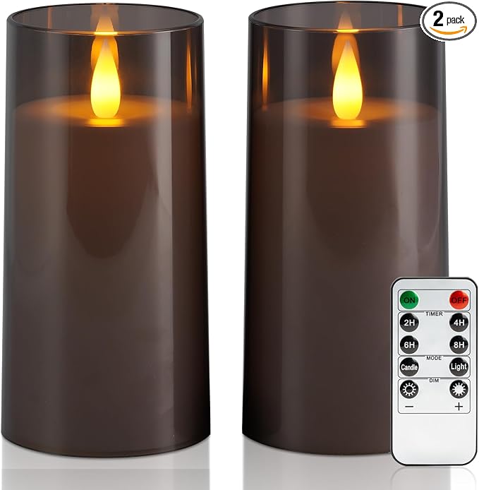 Raycare Christmas Flameless Electronic Pillar Candles with Remote Control and Timer- Battery Operated Realistic Flickering LED Fake Candle for Home, Wedding Decor,Grey,Set of 2(3"x6"6")