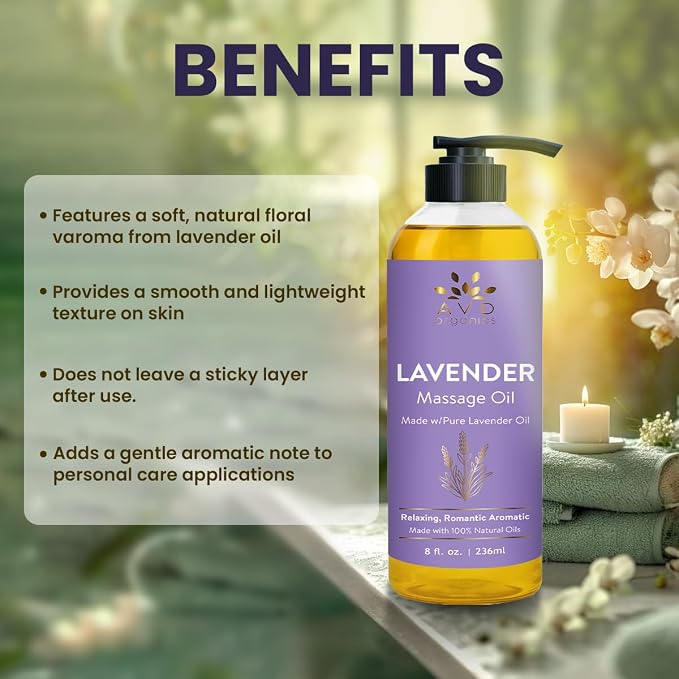 AVD Organics Lavender Massage Oil 236 ml| 100% Pure & Natural | for Men & Women | Sore Muscles Body Massage | Soothing Blend of Natural Oils for Therapeutic and Aromatherapy | 8 fl.oz