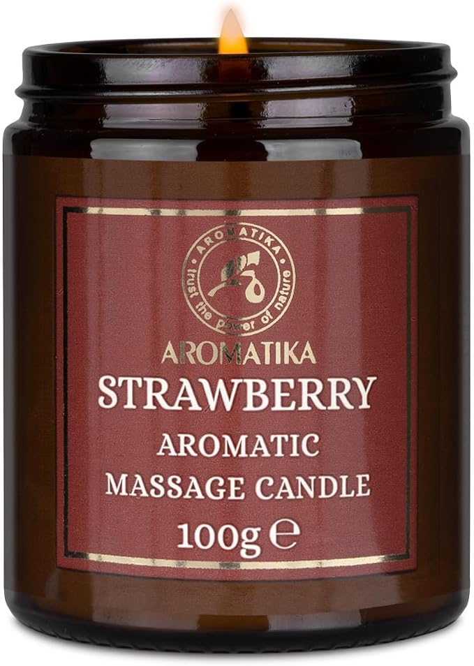 AROMATIKA Strawberry Scented Massage Candle - Soy Wax 3.5Oz - Relaxing Aromatherapy Candle - Glass Jar Gift