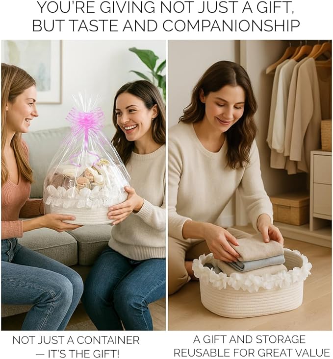 Yimi's Dream White Cotton Rope Gift Basket with Organza Lace, 12 x 8 in | Elegant Decorative Woven Basket for Weddings, Baby Shower, Newborn Photos, Easter, Nursery, Gifts, Toys, and Home Decor