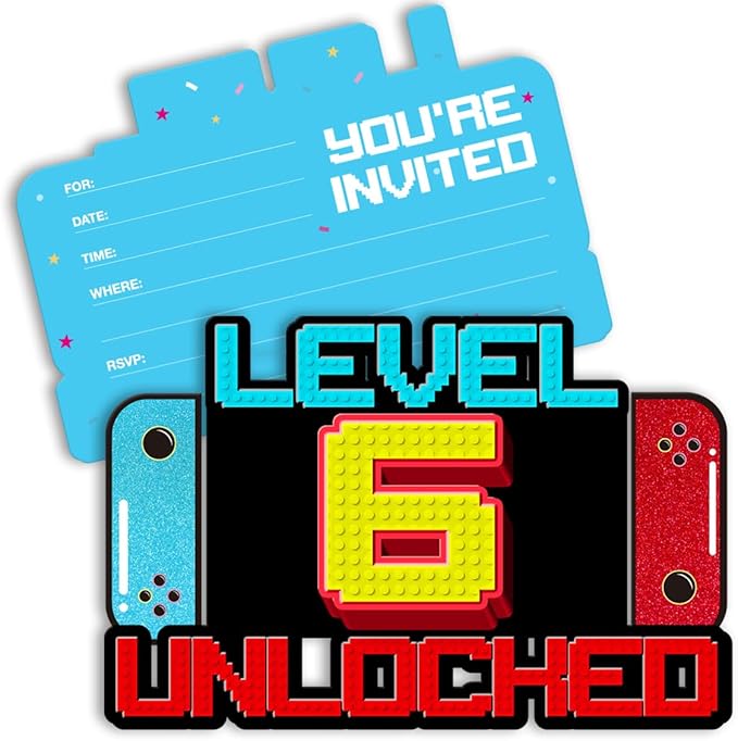 Video Game 6th Birthday Party Invitations Boy Glitter Video Game 6 Year Old Birthday Shaped Invitations with Envelopes, 20 Pack