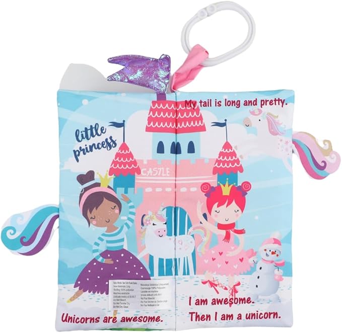bebe mondo Unicorn Baby Books 0-6 Months Toys 6 to 12 Months, Touch Feel Cloth Crinkle Books for Babies,Infants, Soft Sensory Stroller Toys, Christmas Baby Gifts Shower Items, Chweing Book (Princess)