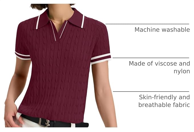 Micoson Womens Short Sleeve Sweater Tops Lapel V Neck Polo Shirts 2026 | Summer Cable Knit Loose Blouses, Business Casual Outfits