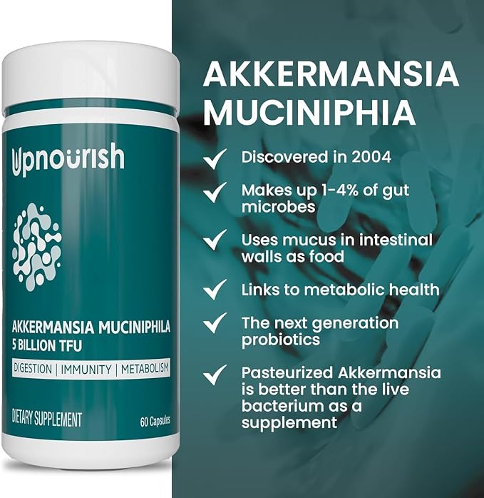 UpNourish Probiotics for GLP-1 Support, 5 Billion TFU Akkermansia Muciniphila for Digestive Health, Leaky Gut, Immunity and Metabolic Health, Prebiotics and Probiotics for Women and Men, 60 Capsules