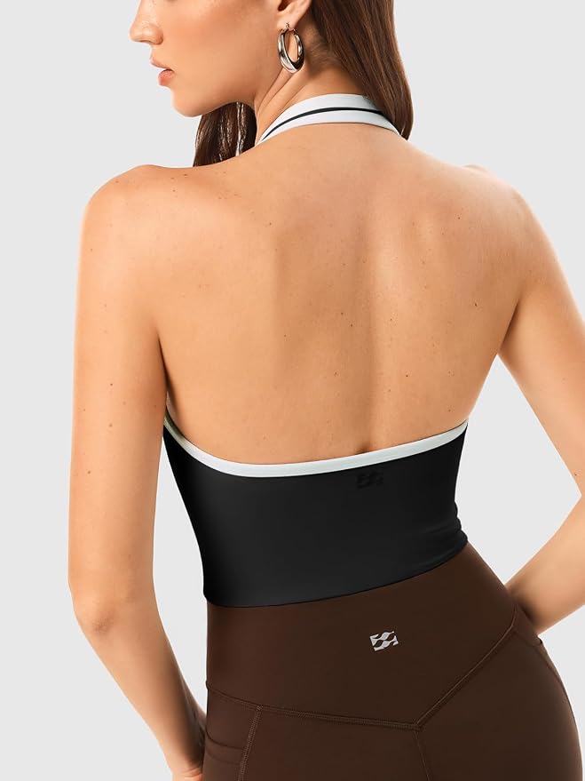 Halter Workout Top for Women: Open Back Sports Bra Color Block Tops with Built in Bra Yoga Gym Crop