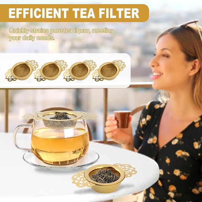 4 Pack Tea Strainer Bowl,Stainless Steel Tea Strainer Bowl, Fine Mesh Fil-ter with Drip Bowl & Winged Handles for Loose Tea/Coffee, Fits 2.5-4 Inch Cup Mouth(COLOR:Glod)