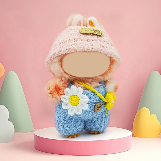 17cm Doll Clothes, 3-Piece Set with Handmade Hat, Jumpsuit & Bag, Sunflower Style Outfit for Cute Plush Doll, for Keychain Accessories(Pink and Blue)