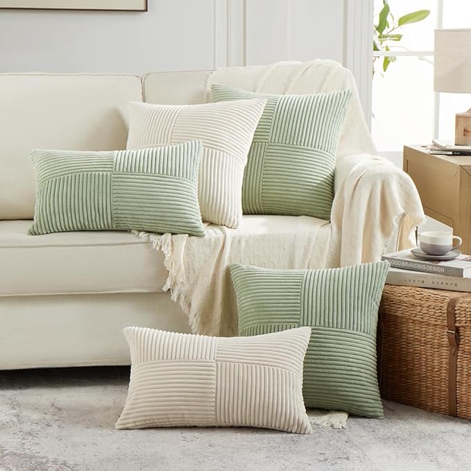 Fancy Homi 2 Packs Sage Green Samll Decorative Throw Pillow Covers 12x12 Inch with for Couch Bed Sofa, Rustic Farmhouse Boho Home Decor, Soft Corss Patchwork Corduroy Square Cushion Case 30x30 cm