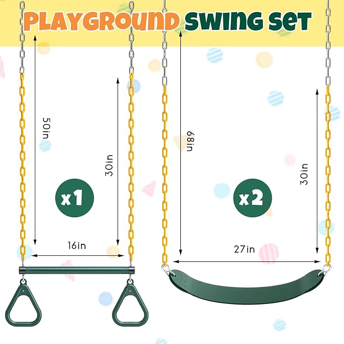 Dunzy Swing Set Brackets Including 2 Pcs A-Frame Swing Brackets, 6 Pcs Heavy Duty Swings Hangers, 2 Swings Seats, 1 Ring Trapeze Bar with All Mounting Accessories for Playground Equipment Outdoor Play