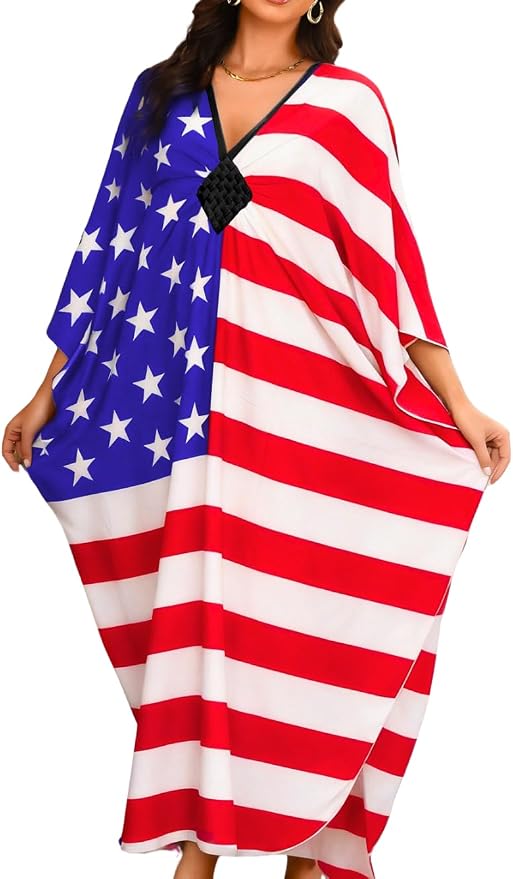 ChiaoLezhee Print Moo-Moos for Women, Kaftan Cover-Up Dresses, Sexy V-Neck High-Slit, Beach Pool-Party Coverups Muumuu Plus