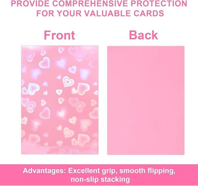 100pcs Holographic Colors Card Sleeves, 3.58x2.6in/91x66mm Colored Heart-Shaped Flashing Card Sleeves for Mini Polaroid Photocard Collectible Protection(Pink)