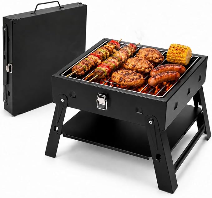 Small Portable BBQ Charcoal Grill: Mini Foldable Table Top Barbecue Grills | for Outdoor Cooking, Camping, Beach, Travel, Tailgates, Fathers Day Birthday Grilling Gift for Men Dad Husband