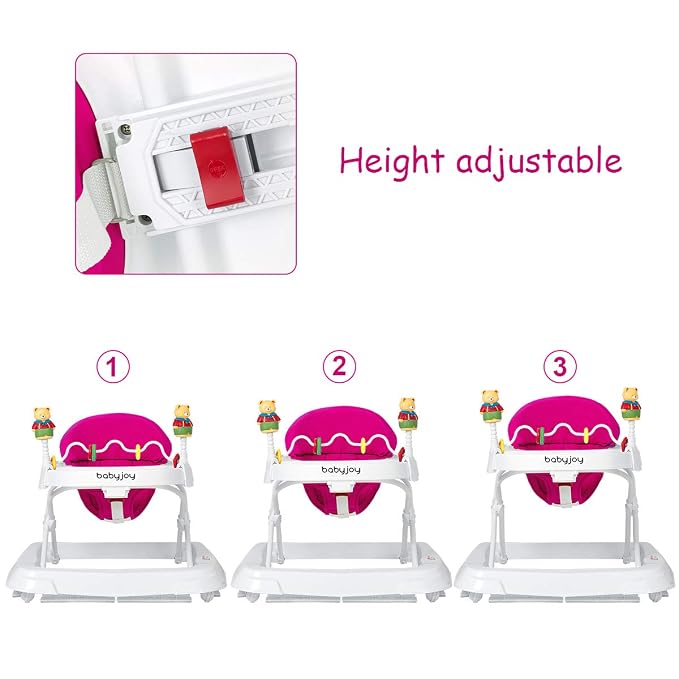 BABY JOY Baby Walker, Foldable Activity Walker with Adjustable Height, Large Tray & Removable Toys, Baby Walker with Wheels for Boys Girls 6-18 Months (Pink)