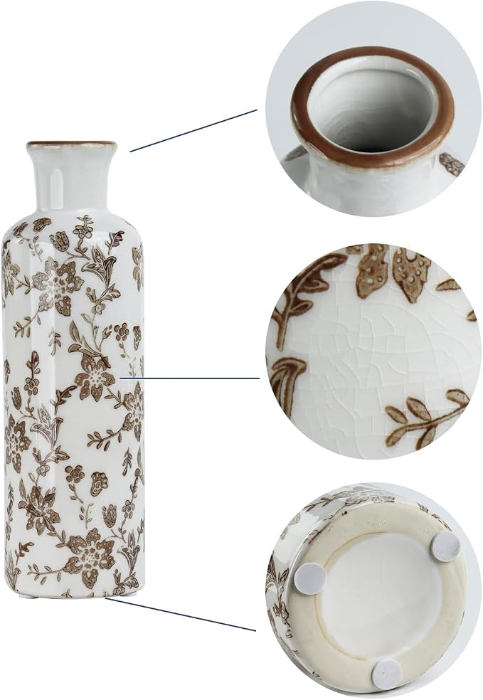 Brown Ceramic Vase Set of 3, Vintage Brown Floral Vases for Home Decor | Crackle glaze and distressed rims for living room mantels and dining table centerpieces