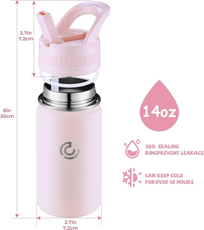 Kids Water Bottle,14oz Stainless Steel Insulated Water Tumbler Leak-Proof,School Water Mug,Small and Portable,Suitable for Boys and Girls to Use(Pink)
