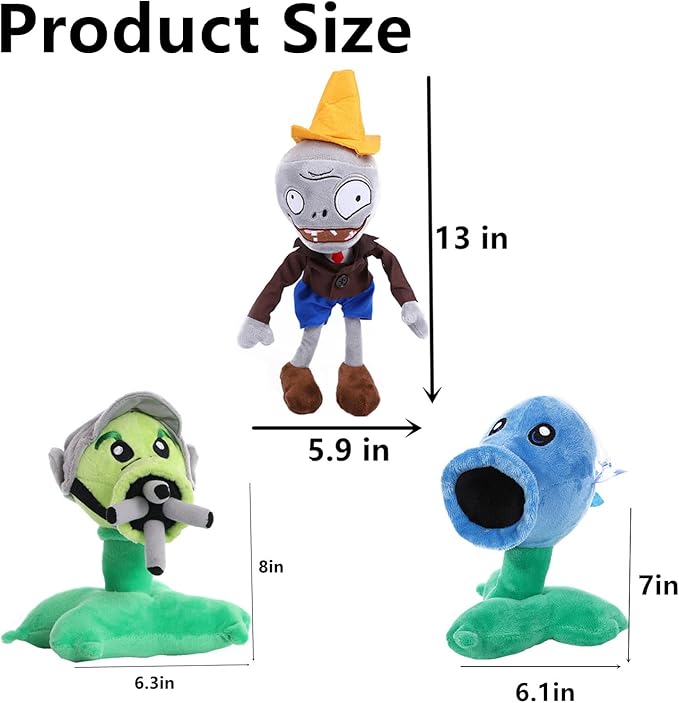 JHESAO 3 PCS Plants and Zombies PVZ Plush Toys - Brown Coat Gatling Peashooter, Ice Peashooter, Conehead Zombies Plushies New