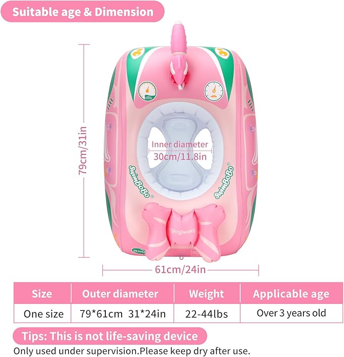 Swimbobo Toddler Pool Float Inflatable Car Baby Swim Float with Adjustable Sun Canopy and Safety Seat Pool Toys for Kids 3+ Years Old(Pink Green Car)