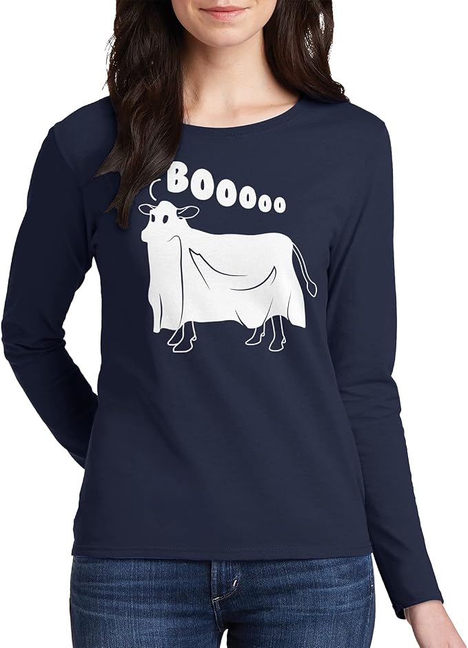 Threadrock Women's Cow Ghost Saying Moo Long Sleeve T-Shirt