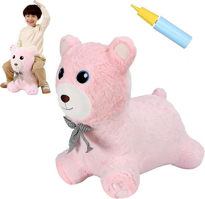 INPANY Bear Bouncy Horse Hopper Toys, Toddler Girl Plush Bouncing Animal, Baby Inflatable Bounce Buddies, Kid Ride on Rubber Bouncer, Outdoor Indoor Cute Birthday Gift Toy for 2 3 4 Year Old Girl Boy