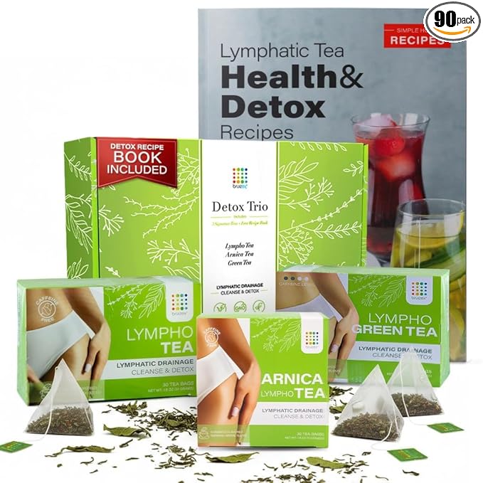 Premium Lymphatic Drainage Tea Collection | 3-Pack Herbal Teas & Recipes Book for Detox - Arnica Tea Set with Lympho Tea, Green Tea, for Cleanse & Detox, Post Lymphatic Massage, Post Surgery, Bruising and Swelling- 3 Teas+ Recipes Book