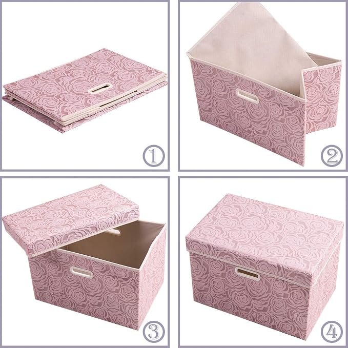Large Foldable Storage Boxes with Lids [5-Pack] Fabric Decorative Storage Bin Cubes Organizer Containers Baskets with Cover Handles for Bedroom Closet Nursery Pink 17.7x11.8x11.8 Inch