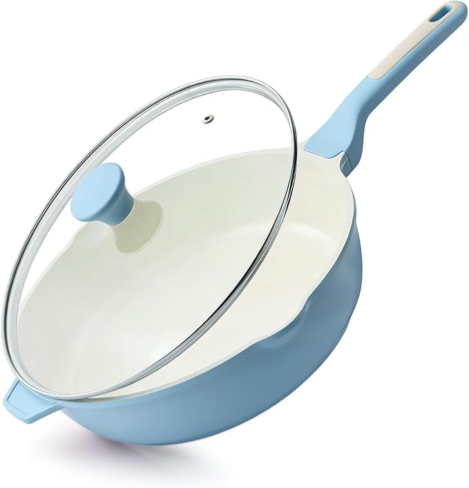 SENSARTE Nonstick Ceramic Skillet with Lid 12-inch, 5QT Non Toxic Deep Frying Pan, Saute Pan with Lid, Stay-cool Handle, Healthy Cooking Pot, Induction Compatible, Blue