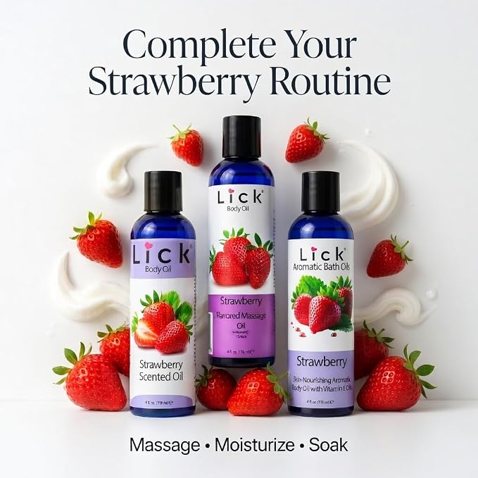 Lick Strawberry Flavored Massage Oil with Natural Vitamin E - Warming Edible Body Oil for Couples Massage, Smooth Long-Lasting, Sweet Almond & Coconut Oil, Moisturizing Skin for Men & Women, 4 oz